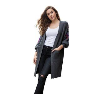 Embroidered Flower Long Cardigan Sweater Knitted Thick Warm Cable Knitted